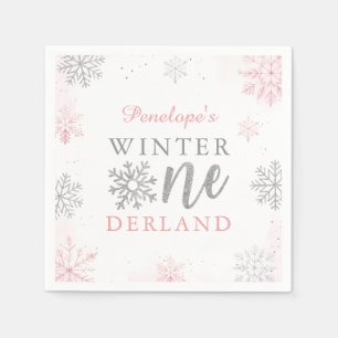 Winter Onederland Silver Pink Girl 1st Birthday Napkins