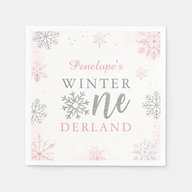 Winter Onederland Silver Pink Girl 1st Birthday Napkins (Front)
