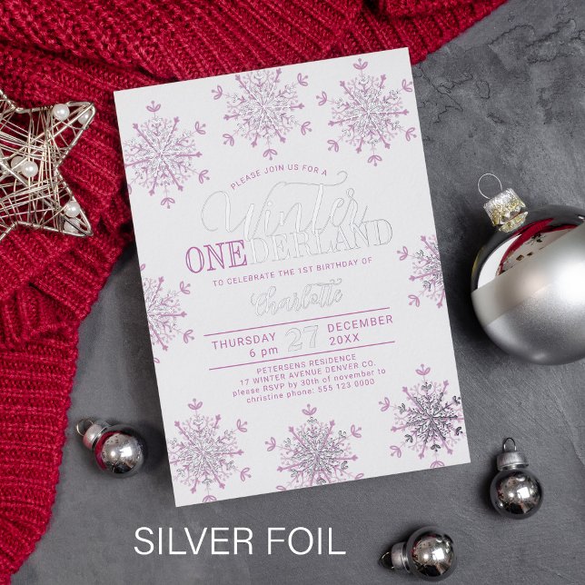 Winter Onederland silver pink girl first birthday Foil Invitation (Creator Uploaded)