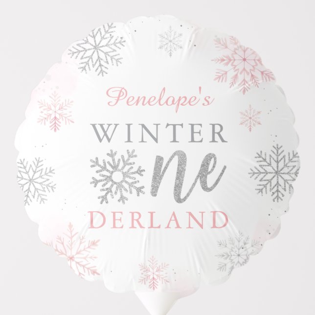 Winter Onederland Silver Pink Glitter 1st Birthday Balloon (Front)