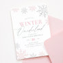 Winter Onederland Silver Pink Glitter 1st Birthday Invitation
