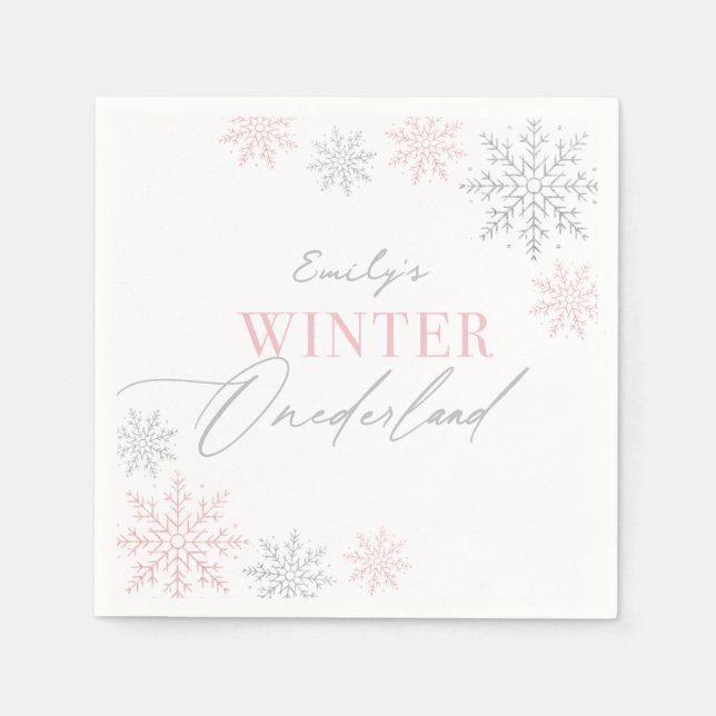 Winter Onederland Silver Pink Glitter 1st Birthday Napkins (Front)