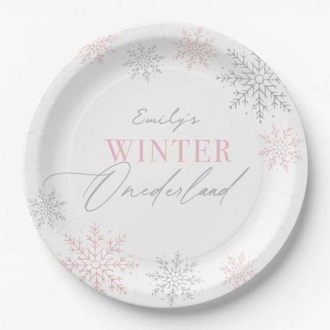 Winter Onederland Silver Pink Glitter 1st Birthday Paper Plates (Front)