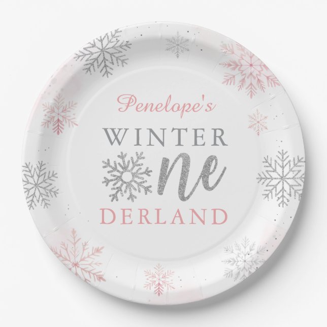 Winter Onederland Silver Pink Glitter 1st Birthday Paper Plates (Front)