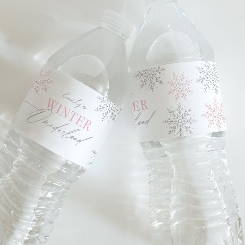 Winter Onederland Silver Pink Glitter 1st Birthday Water Bottle Label