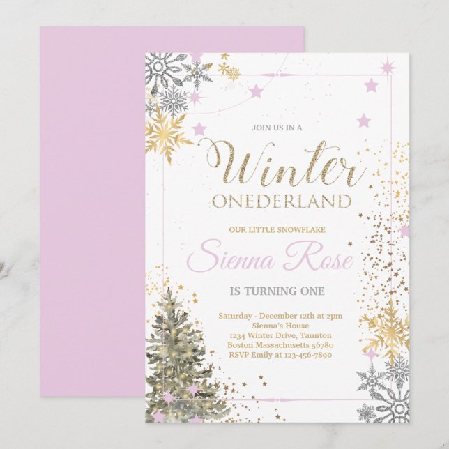 WINTER ONEderland Silver Pink & Gold 1st Birthday  Invitation (Front/Back)