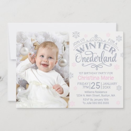 Winter Onederland Silver Pink Snowflake 1st Invitation