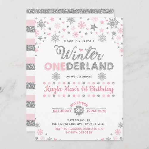 Winter ONEderland Silver Pink Snowflake Birthday Invitation