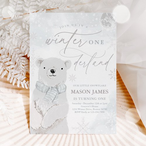 Winter Onederland Silver Polar Bear Birthday Invitation