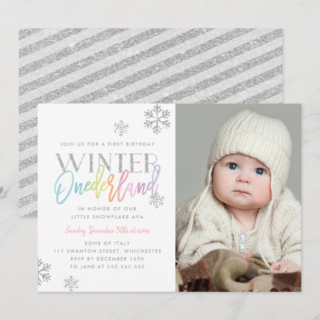 Winter ONEderland Silver Rainbow 1st Bday Photo Invitation (Front/Back)