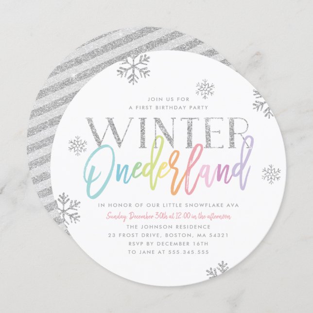Winter ONEderland Silver Rainbow 1st Birthday Invitation (Front/Back)