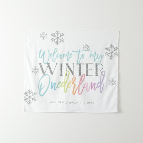 Winter ONEderland Silver Rainbow Welcome Sign Tapestry