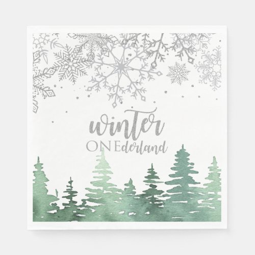 Winter Onederland Silver snowflakes and trees Napkins