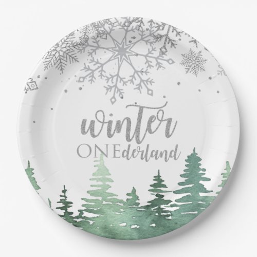 Winter Onederland Silver snowflakes and trees Paper Plates
