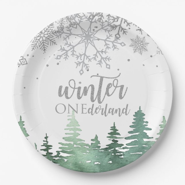 Winter Onederland Silver snowflakes and trees Paper Plates (Front)