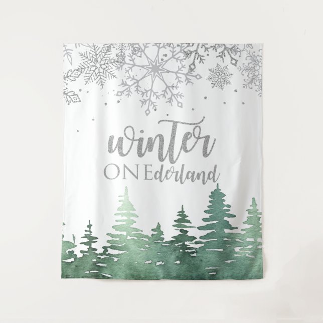 Winter Onederland Silver Snowflakes and Trees Tapestry (Front)