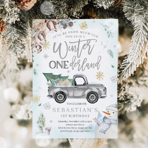 Winter ONEderland Silver Winter Truck Snowman Invitation