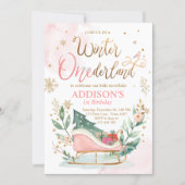 Winter Onederland Sleigh Pink Gold 1st Birthday Invitation (Front)