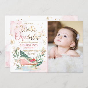 Winter Onederland Sleigh Pink Gold 1st Birthday Invitation