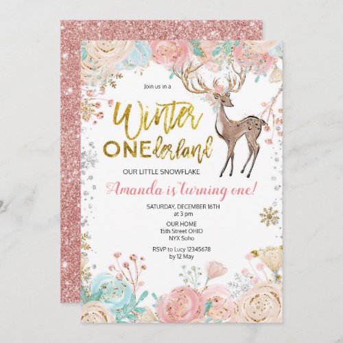 Winter ONEderland Snow Birthday Invitation Gold