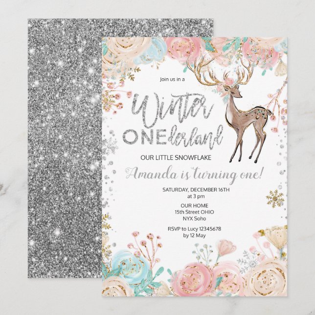 Winter ONEderland Snow Birthday Invitation Silver (Front/Back)