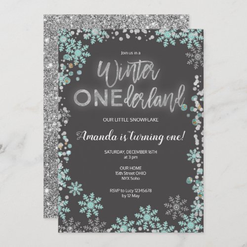 Winter ONEderland Snow Birthday Invite Chalkboard