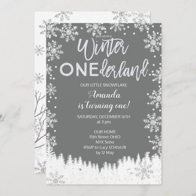 Winter ONEderland Snow Birthday Invite Gray (Front/Back)