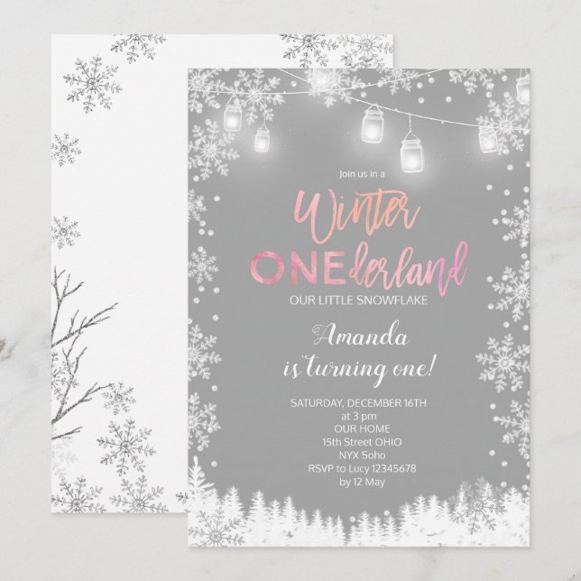 Winter ONEderland Snow Birthday Invite PINK (Front/Back)