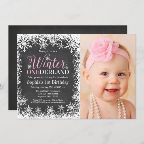 Winter ONEderland Snow Chalkboard 1st Birthday Invitation