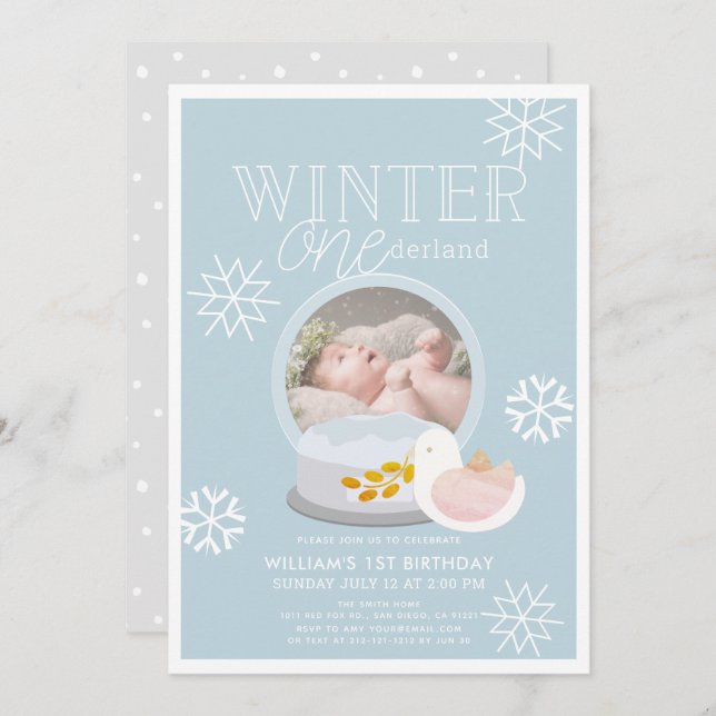 Winter Onederland Snow Globe Blue 1st Birthday Invitation (Front/Back)