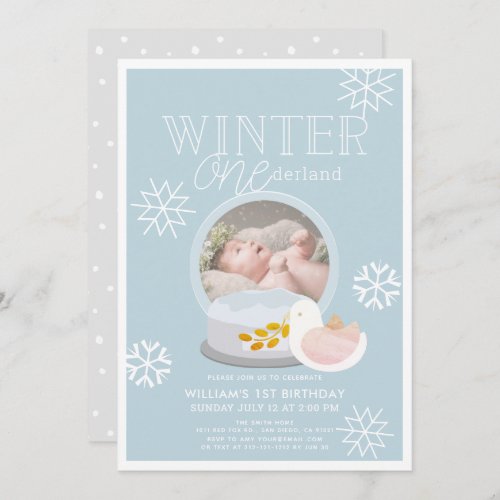 Winter Onederland Snow Globe Blue 1st Birthday Invitation