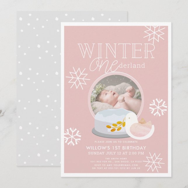Winter Onederland Snow Globe Pink 1st Birthday Invitation (Front/Back)