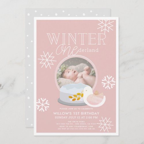 Winter Onederland Snow Globe Pink 1st Birthday Invitation