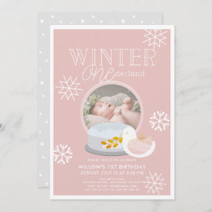 Winter Onederland Snow Globe Pink 1st Birthday Invitation