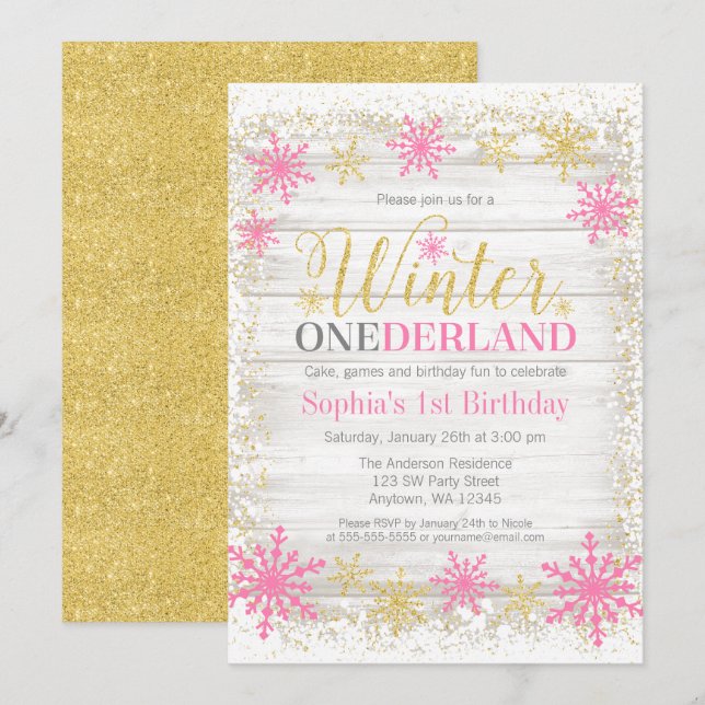 Winter ONEderland Snow Pink Gold 1st Birthday Invitation (Front/Back)