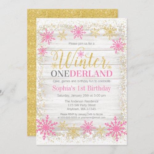 Winter ONEderland Snow Pink Gold 1st Birthday Invitation