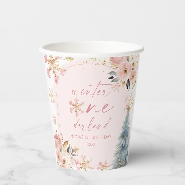 Winter Onederland Snowflake 1st Birthday Party Paper Cups (Front)