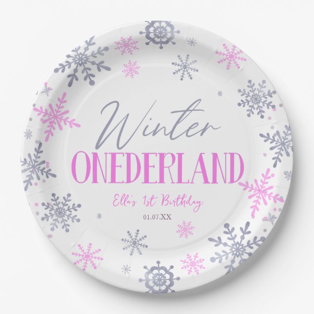 Winter ONEderland Snowflake 1st Birthday Party Paper Plates (Front)