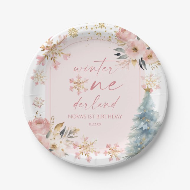 Winter Onederland Snowflake 1st Birthday Party Paper Plates (Front)