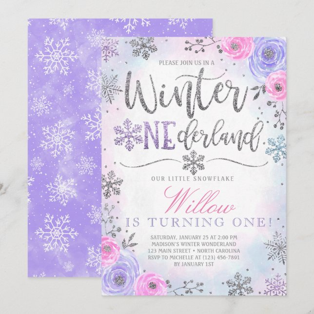 Winter ONEderland Snowflake Birthday Invitation (Front/Back)