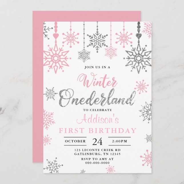 Winter onederland snowflake birthday invitation (Front/Back)