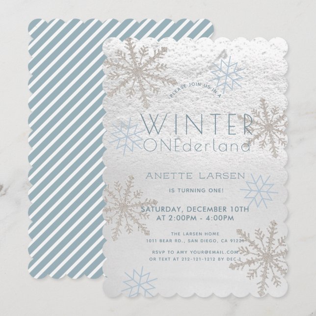 Winter Onederland Snowflake Blue 1st Birthday Invitation (Front/Back)