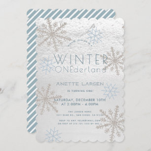 Winter Onederland Snowflake Blue 1st Birthday Invitation