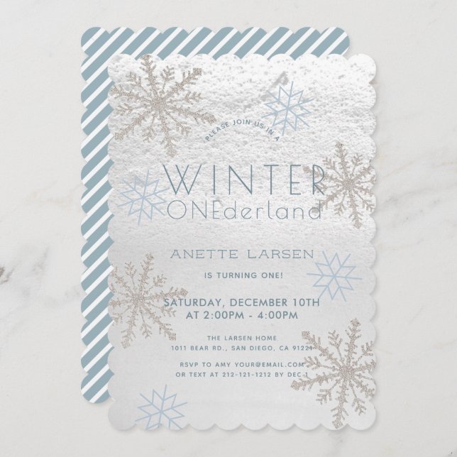 Winter Onederland Snowflake Blue 1st Birthday Invitation (Front/Back)