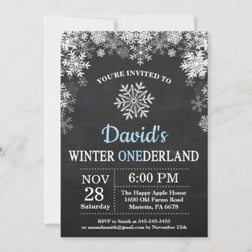 Winter Onederland Snowflake Blue Boy 1st Birthday Invitation