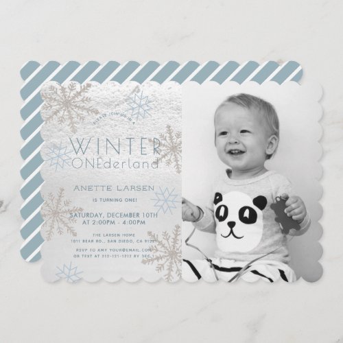 Winter Onederland Snowflake Blue Photo1st Birthday Invitation