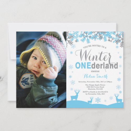 Winter Onederland Snowflake Boy 1st Birthday Photo Invitation