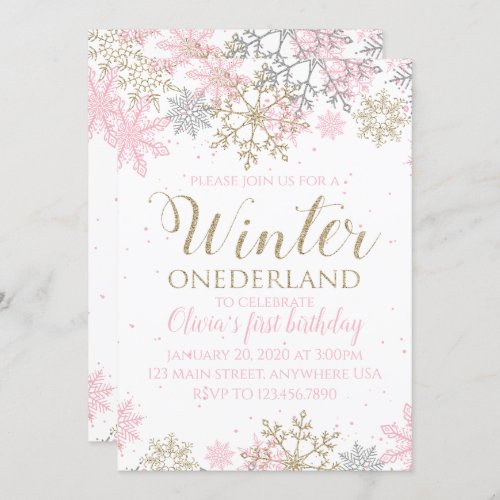 Winter Onederland Snowflake First Birthday Invite