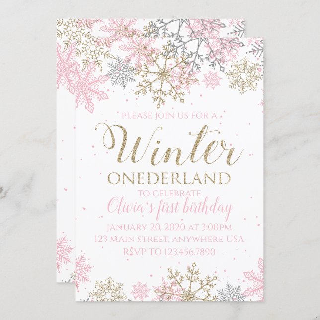 Winter Onederland Snowflake First Birthday Invite (Front/Back)