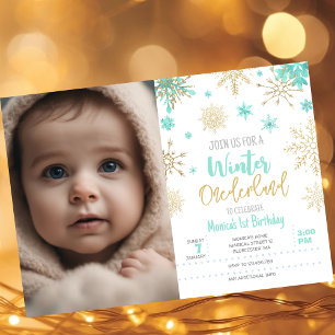 Winter onederland snowflake photo birthday invitation